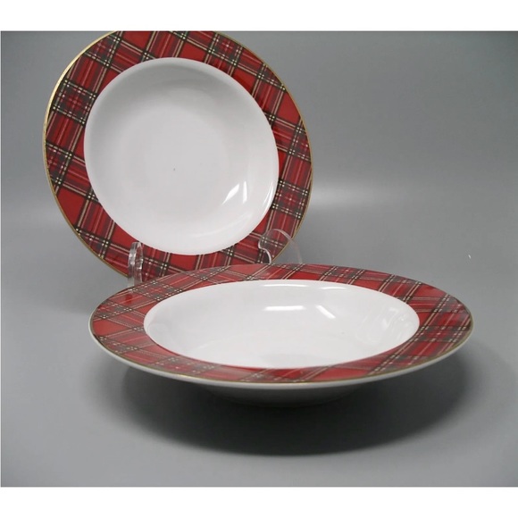 Pacific Rim red plaid soup cereal bowl set of 2 Holiday Christmas China dishes - Picture 2 of 11